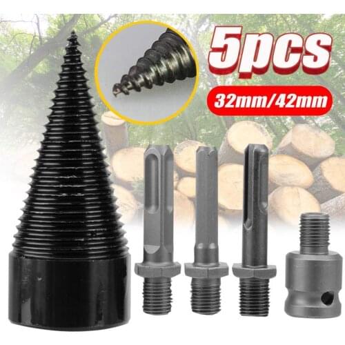 5PCS 32/42mm Firewood Splitter Drill Bit Round/Hex/Triangle Shank Wood Cone Reamer Punch Driver Step Drill Bit Woodworking Tool