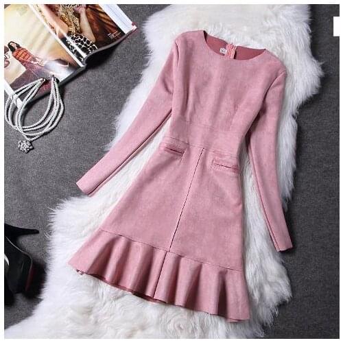 Clobee Velvet Ruffle A Line Women Dress Elegant Full Sleeve Slim Ladies Dresses Korean Style Work School Femme Vestidos Z596