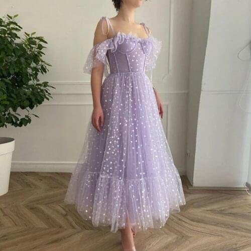 Glitter Prom Dresses 2021 Strapless Spaghetti Strap Shiny Tulle Tea Length Arabic Wedding Party Graduation Dress