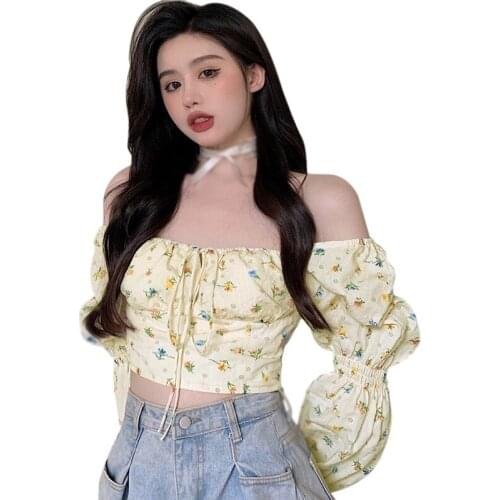 EFINNY Korean Fashion Women Floral Short Blouse Female Chest Straps Long Sleeve Shirts Summer Flower Printed Blouses