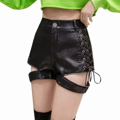 Idopy Punk Womens PU Leather Sexy Shorts Zipper High Waist Fit Night Club Short Pants A-Line Lace Up Shorts For Women