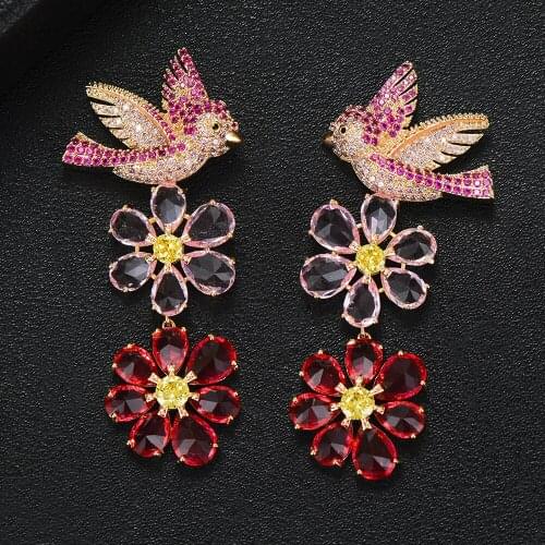 LARRAURI Top Quality Cubic Zirconia Stone Flowers Birds Dangle Drop CZ Pearl Earring Jewelry for Women Accessory