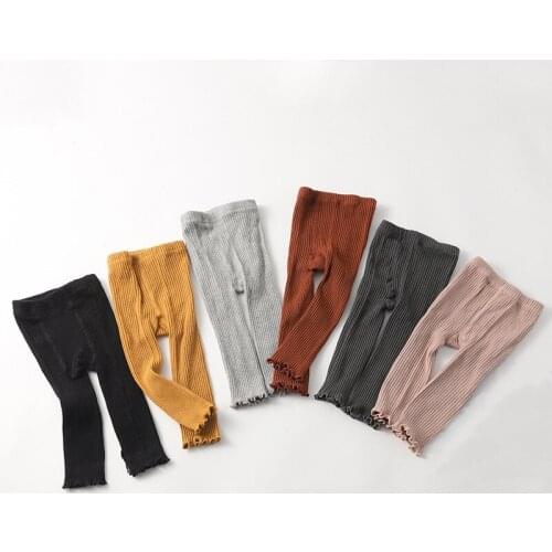 Ruffled Leggings for 6M-4Years Baby Girls Solid Color High Elastic Waist Ribbed Stretchy Long Pants Kid Trousers for Summer Fall