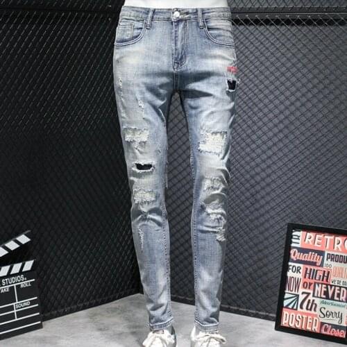 Fashion Mens Hole Ripped Slim Fit Jeans Korean Spliced Denim Pencil Pants Long Trousers Man Casual Cowboy Pants Streetwear Jeans
