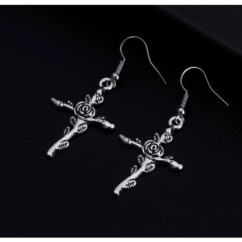 Trendy Vintage Rose Cross Shape Dangle Antique Color Plated Earrings for Women Girl Retro Drop Earrings Cute Earring Jewelry