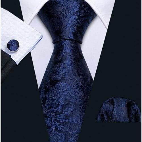 Mens Wedding Tie Navy Floral Silk Tie Hanky Set Barry.Wang Jacquard Woven Fashion Designer 9cm Neck Tie For Men Party FA-5505