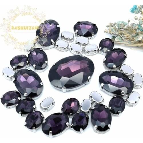 NEW!!! 30pcs 5 SIZES MIX Deep Purple OVAL Size Crystal Glass Sew-on Rhinestones Silver Bottom DIY wedding decoration