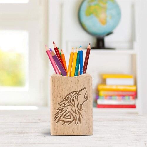 Personalized Custom Wolf Logo Office Organizer Desktop Wooden Pen Storage Box Pencil Pot Pen Holder Makeup Brush Container