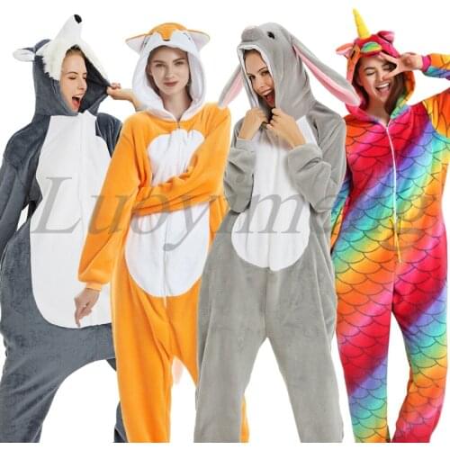 Cartoon Anime Pyjamas Women Kigurumi Unicorn Onesies Adult Teenager Pajamas Flannel Warm Overall Onepiece Night Home Jumpsuits