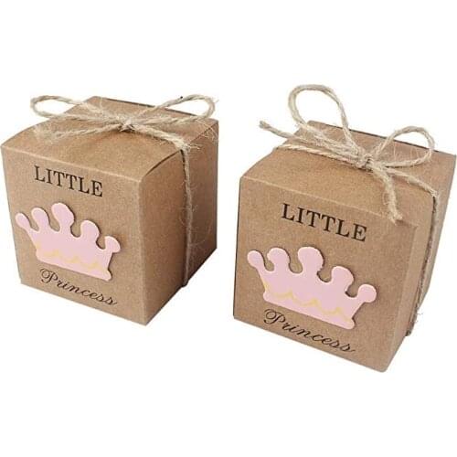 20pcs Little Princess Baby Shower Favor Box Rustic Kraft Paper Candy Gift Box for Baby Shower Party 1st Birthday Girl Decoration