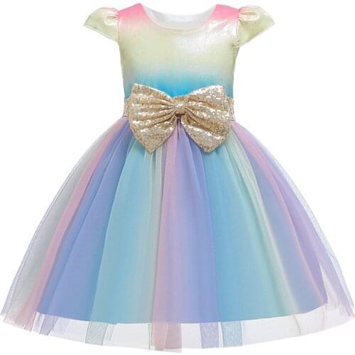 Rainbow Sequins Formal Evening Wedding Gown Tutu Princess Dress Flower Girls Children Clothing Kids Party For Girl Clothes