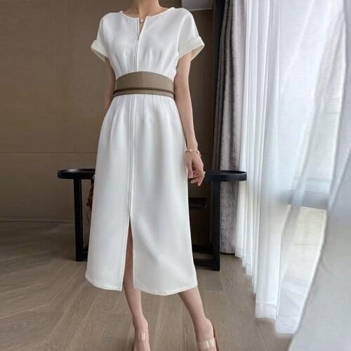 French Retro Women White Dress Fashion Front Zipper Split Elegant Ladies Dress Party Dress Summer Female Short Sleeve Dress 2021