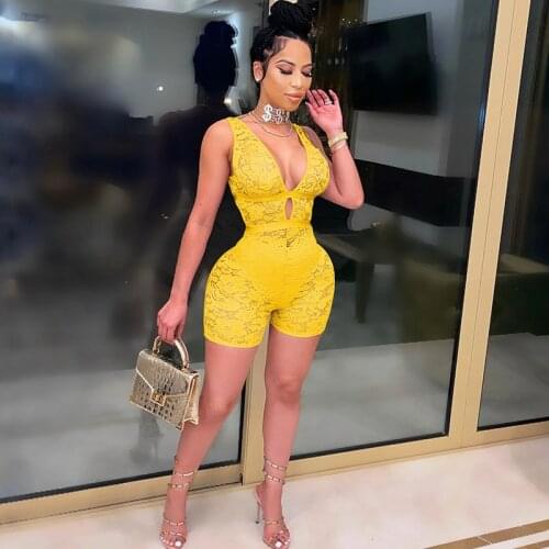 Sexy Floral Lace Sheer Rompers Womens Jumpsuit Short Playsuit Elegant Night Party Club One Piece Outfits Combinaison Femme 2021