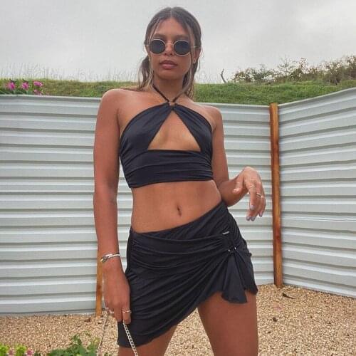 Sexy Cute 2 Piece Short Sets For Women Summer 2021 Nightclub Outfit Hollow Out Halter Crop Top And Mini Skirt Set