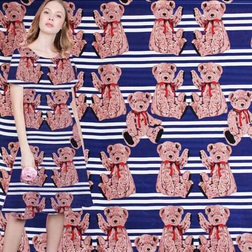 Pearlsilk 12momme Blue Stripe Bear Printed Crepe de Chine Fabrics 100% Silk Shirt Dress Sewing cloth Freeshipping