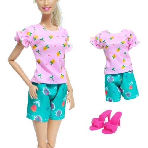 Handmade Spring Outfit Rose Flower Pink Tops Blousers Short Pants + High Heels Sandals Clothes for Barbie Doll Accessories Toys