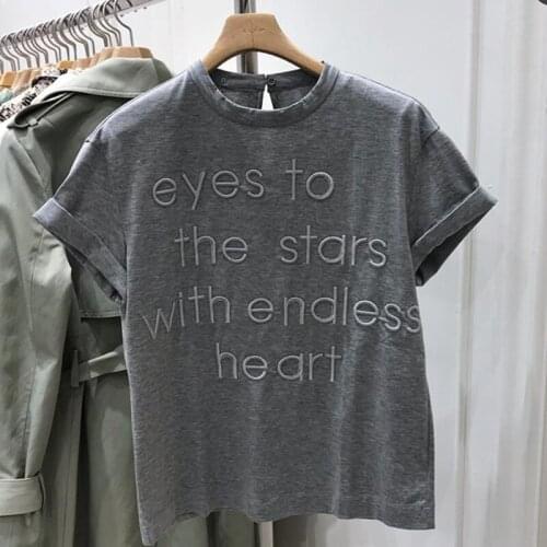 Inc Letters Embroidery Slim Shirts for Women Minimalist Designer Casual Streetwear Girls New Summer Korean Style O-Neck Tee Tops