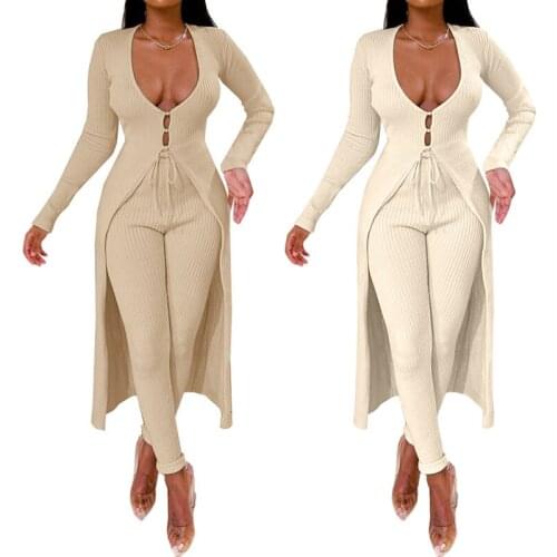 Autumn New Women Elegant Long Trench and pant Two Piece Set Fashion V Neck Coat Suits Female Casual Office Clothes 2 Pcs