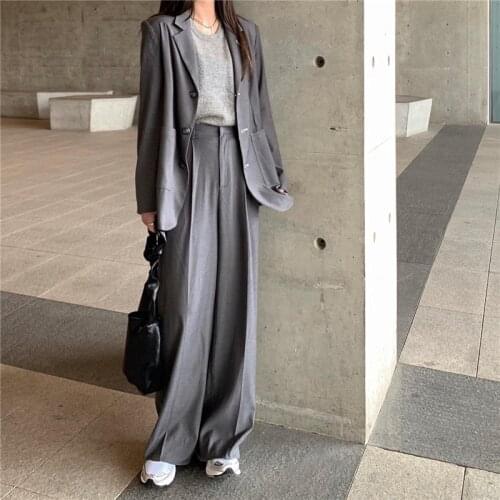 Women Loose Notched Jacket & Straight Pant Female Blazer Set Office Wear Women Pant Suit Vintage Gray 2 Pieces Set