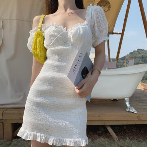 2021 summer Sexy White Short sleeve Dress Women Puff sleeve mini Dresses Ruffles Temperament Slim Dress Vestidos