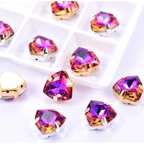 12mm 20pcs Fat Tri-angle Glass Crystal Sew On Rhinestone With Claw Purple Sew On Claw Rhinestone For Wedding Dress B3819