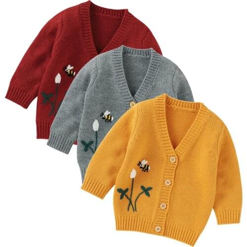 2020 New Fall Autumn Newborn Baby Girls Embroidery Flower Bee Knit Sweater Long Sleeve V-neck Single Breasted Clothes