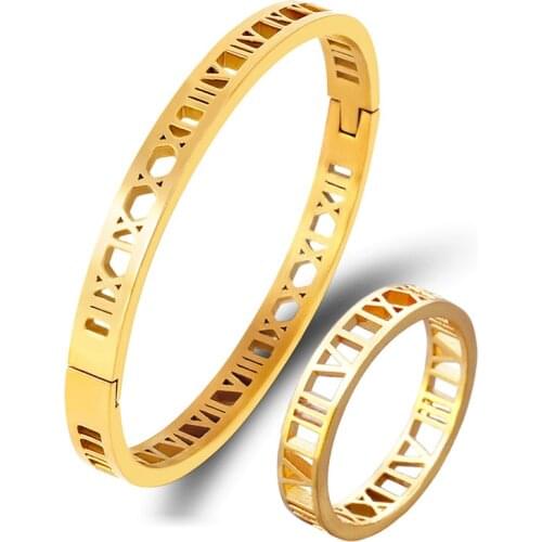 316L Stainless Steel Hollow Roman Numerals Women Bracelet Ring Set Colorless Wedding Set
