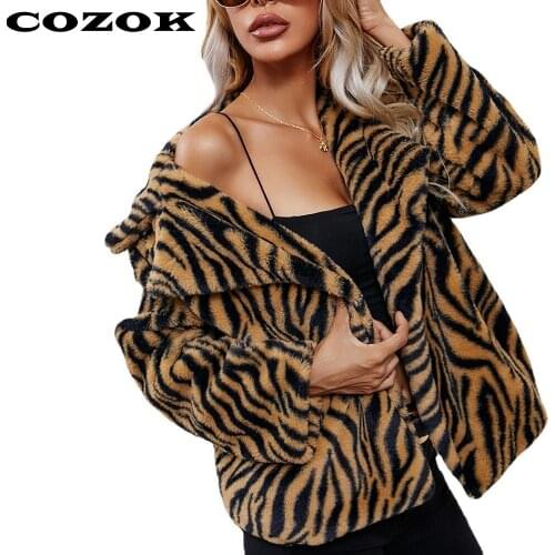 COZOK 2021 New Autumn Winter Long Sleeve Casual Leopard Women Jackets Thick Fur Coats Loose Woman Jacket Fashion Zebra Outerwars