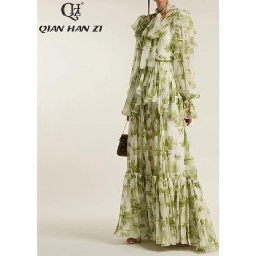 Qian Han Zi Fashion Summer Runway Long Sleeve Maxi Dress Women bow collar vintage Green leaf print Ruffle Beach long dress