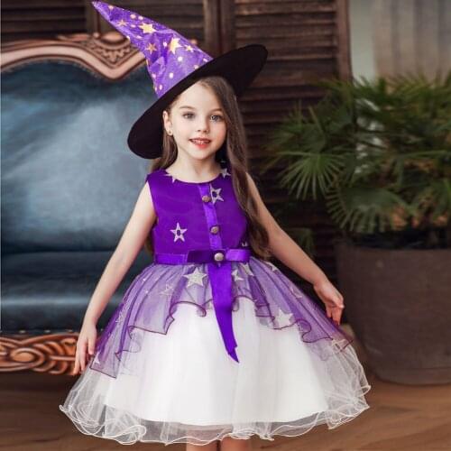 Children Halloween Witch Costume Girls Witch stage Dresses With Hat Ruffle Tulle Tutu Dress Kids Christmas Cosplay Party Clothes