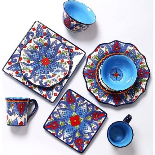 European Creative Ceramic Dinnerware Sets Hand-painted Tableware Western Steak Round and Square Plate Mug Fruit Salad Rice Bowl