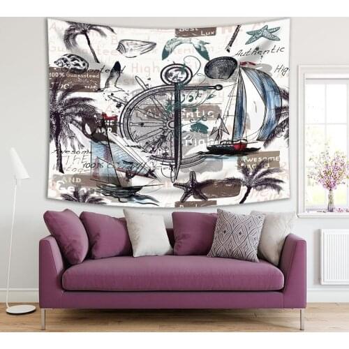 Tapestry Palm Trees Ships Shells Starfish and Birds Summer Beach Vacation Theme Artwork Blue Green Purple Beige
