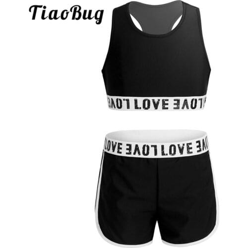 TiaoBug Kids Two-piece Dancewear Letter Printed Sleeveless Racerback Crop Top Shorts Set Girls Ballet Gymnastics Workout Outfit