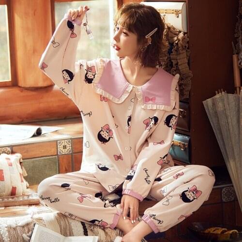 2PCS Pajama Sets Women Lapel Full Pure Cotton Long Sleeve Home Wear Ladies Mujer Sexy Knit Tops+Pants Nightgown Sleepwear Spring