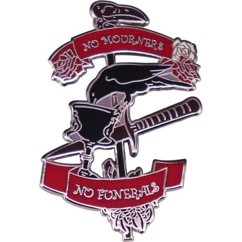 NO MOURNERS NO FUNERALS Red Rose Crow Drink Wine Raven Metal Enamel Lapel Clothes Coats Badge Brooch Pin Accessories
