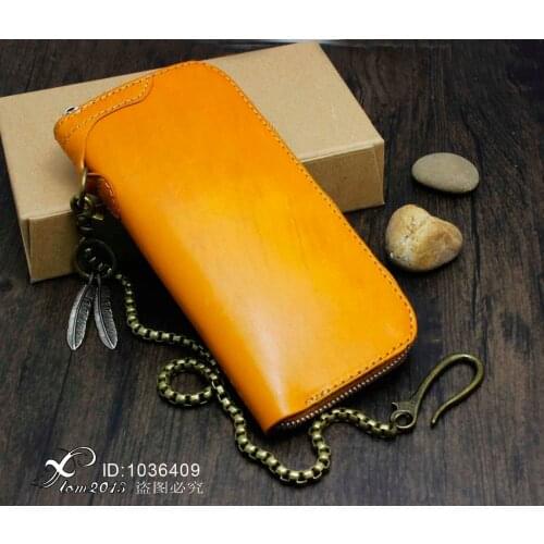 Cool Men Orange Vintage Biker Handmand Long Zipper Card Wallet With Long Chain