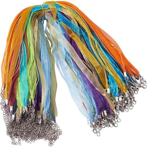 100pcs Adjustable Assorted Colors Organza Ribbon Necklace Cord with Lobster Clasp For DIY Jewelry Making 17"