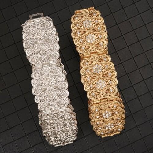 Moroccan court style carved flower metal belt for womens party wedding dress crystal waist chain jewelry decoration