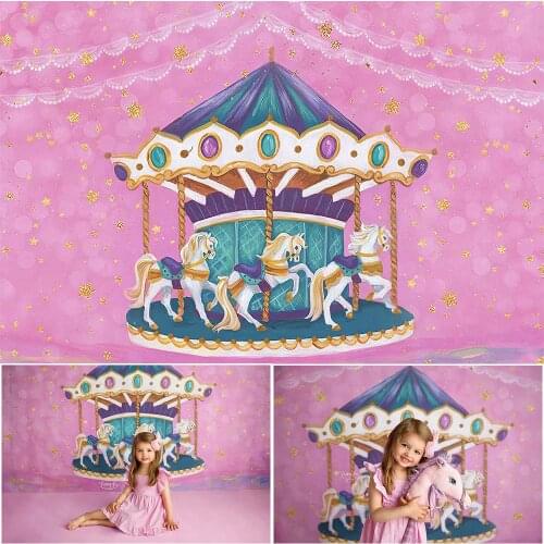 Mocsicka Pink Carousel Theme Girl Birthday Photography Backdrops Golden Glittering Stars Photo Props Studio Booth Background