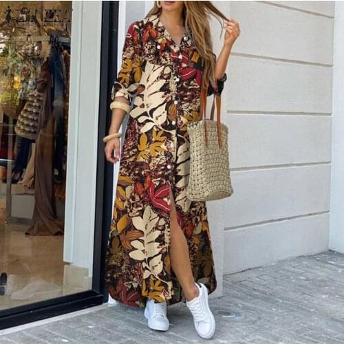 Fashion Womens Shirt Dress 2021 Spring Office Lady Vintage Printed Maxi Dresses ZANZEA Casual Oversized Long Sleeve Lapel Robe