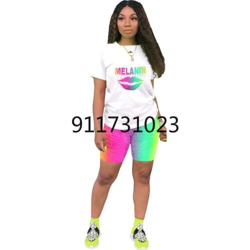 2021 latest Cute Leisure Crewneck Printing Multicolor Two-piece Shorts Suit for Womens Wear