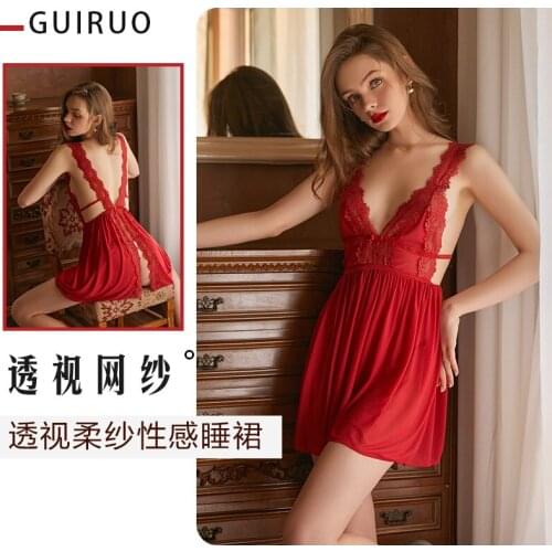 New Womens braces skirt nightdress backless Perspective Gauze Nightgown seduction sexy Sleepshirts home clothing Sexy lingerie
