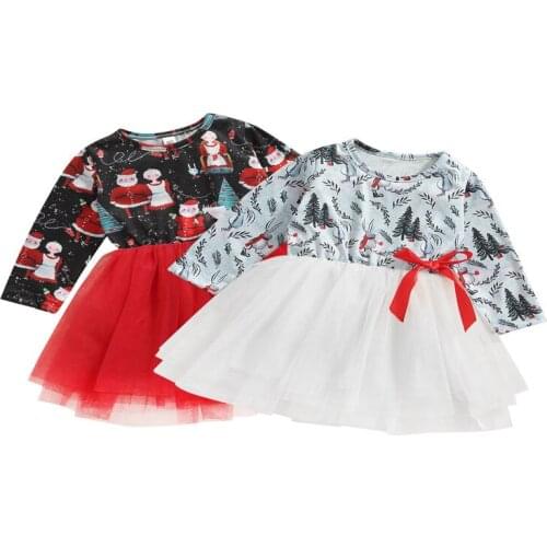 Toddler Babys Clothes Infant Christmas Tulle Dress Girls Cartoon Print Long Sleeve Round Neck With Bow Childrens Clothing Set