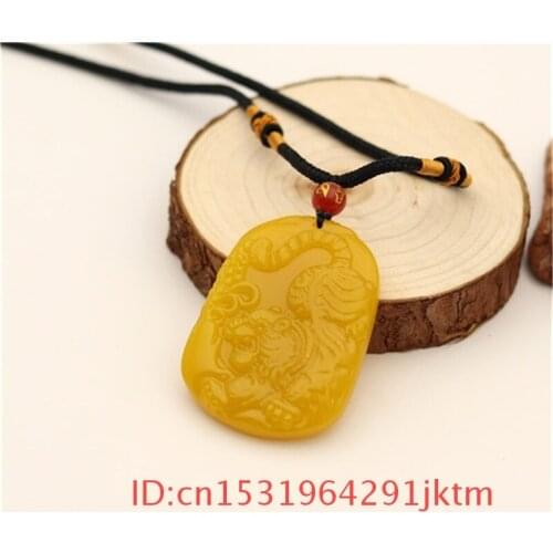 Necklace Chinese Gifts Tiger Pendant Jadeite Women for Charm Men Hand Amulet Carved Fashion Yellow Natural Jade Jewelry
