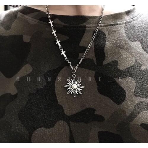 Online celebrity with European and American Harajuku retro sun cross pendant necklace Tuku disco dancing cold wind metal wind