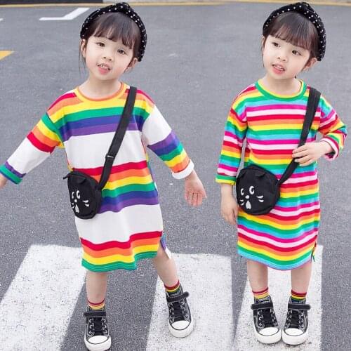 Casual Children Dress for Girls Long Sleeve Rainbow Stripes Kids Dresses 1 2 3 4 Years Old Baby Girl Clothes Birthday Party Gift