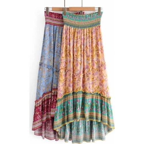 Rayon Printed Skirt For Women New 2021 Vintage Pleated Asymmetrical Playful Lovely High Waist Seaside Vacation Beach Bohemian