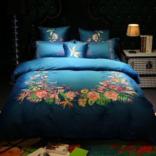 Flower 120S Egyptian Cotton Luxury Embroidery Royal Bedding Set King Queen Wedding Bed Sheet Cover set Duvet Cover 4pc 6pc blue