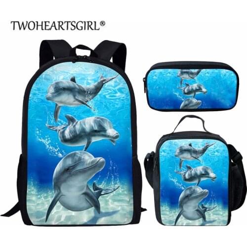 3Pcs Set School Backpacks Ocean Animal Cute Dolphin Pattern BackBag Casual Blue Travel BackPack Set for Woman Bagpacks 16 inch
