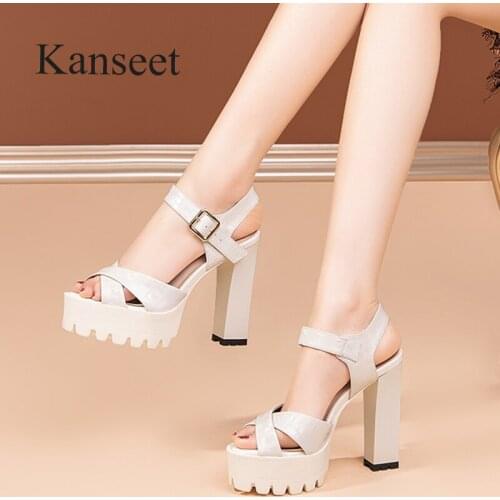 Kanseet 2021 Women Sandals Summer Open-Toed Platform Shoes Elegant Thick High Heels Patent Leather Shoes Female Large Size 40